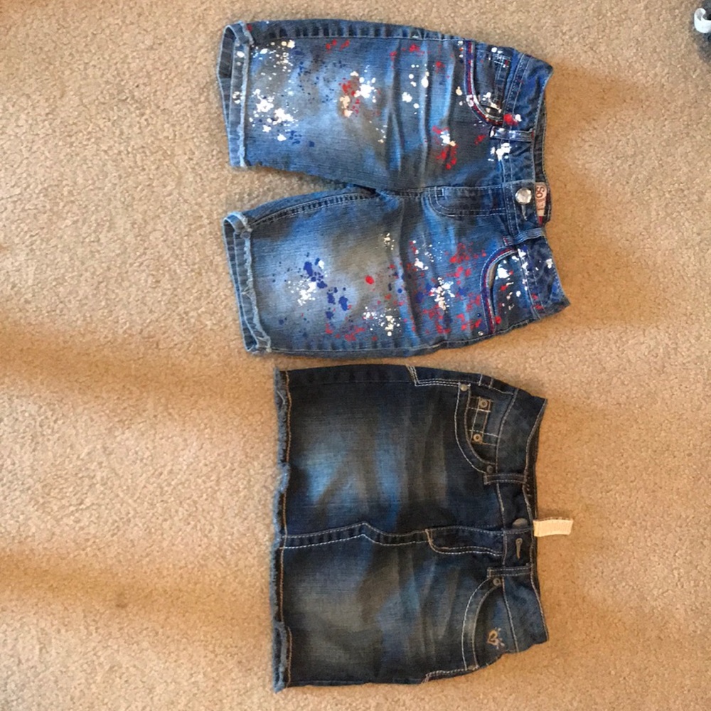 A denim skirt  and a pair of jean shorts.